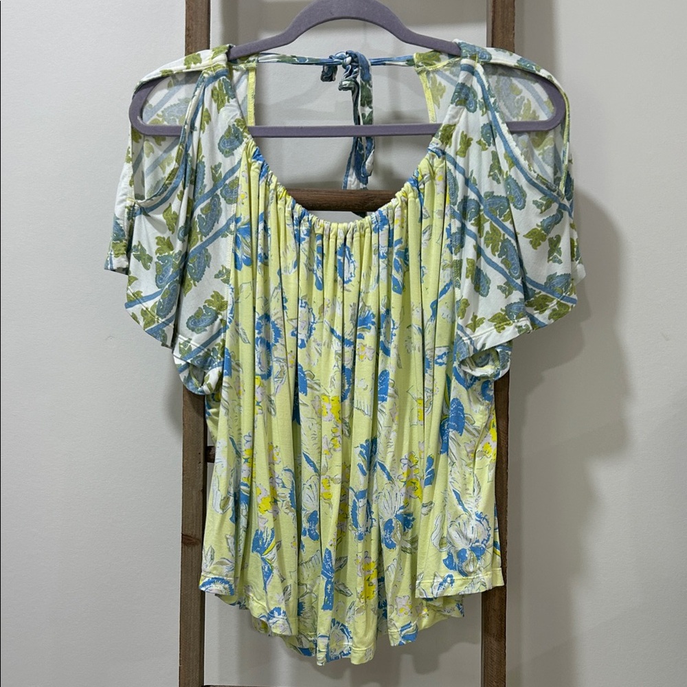 Free People UO Baja Babe Cold Shoulder Boho Yellow Floral Top Size Large